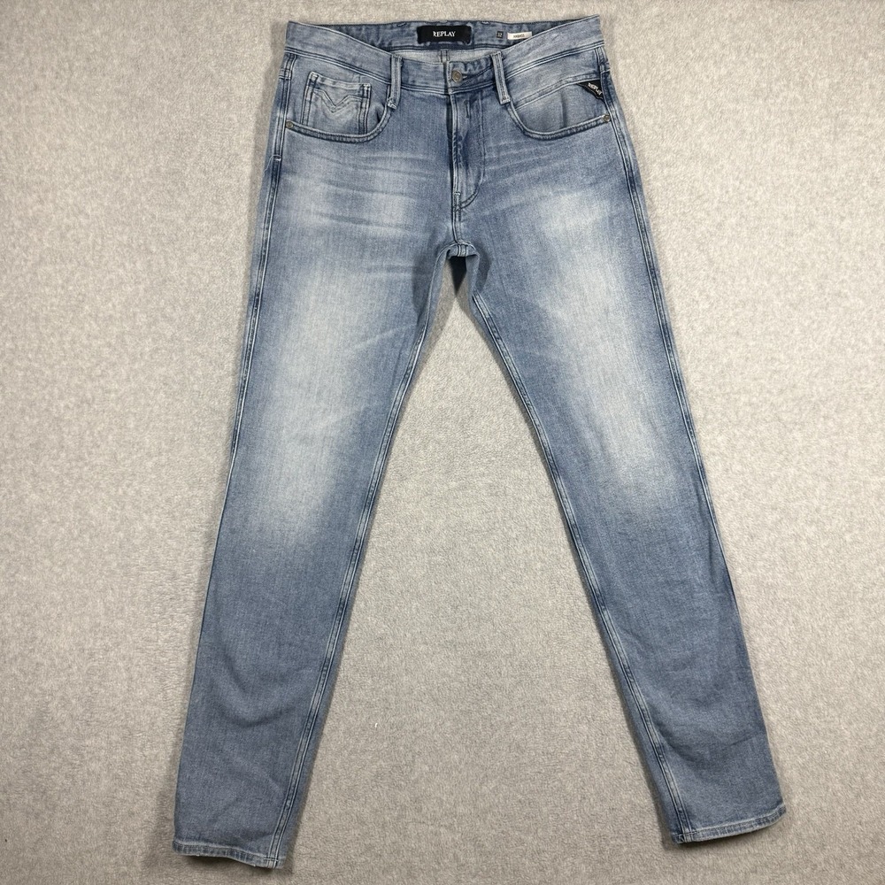 Replay ANBASS Jeans Mens 32x34 Light Wash Stretch Tapered Faded Whiskered